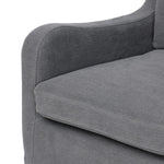 Heritage-inspired comfort. Sloping track arms are a study in playful forms, while the frame's fluid shape creates a simple, polished look. Tapered legs extend beyond a short skirt for a more relaxed style. Covered in 100% linen. A design collaboration by Amber Lewis and Four Hands. Amethyst Home provides interior design, new home construction design consulting, vintage area rugs, and lighting in the Boston metro area.