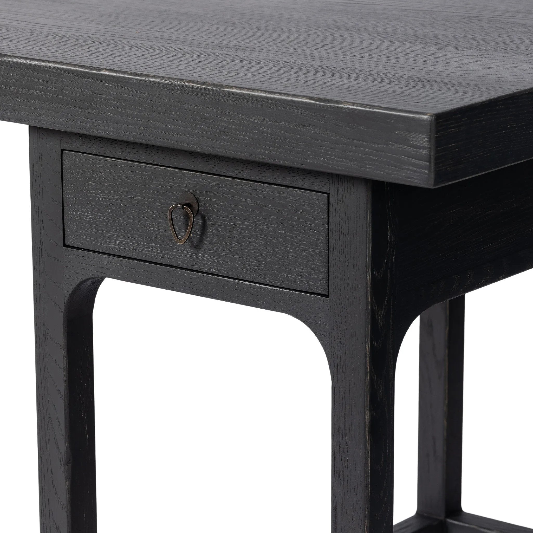 Inspired by Chinese antiques, a spacious desk of aged black oak features a double-leg design, bringing a substantial look to your workspace Amethyst Home provides interior design, new home construction design consulting, vintage area rugs, and lighting in the Omaha metro area.