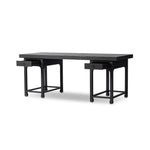 Inspired by Chinese antiques, a spacious desk of aged black oak features a double-leg design, bringing a substantial look to your workspace Amethyst Home provides interior design, new home construction design consulting, vintage area rugs, and lighting in the Park City metro area.