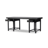 Inspired by Chinese antiques, a spacious desk of aged black oak features a double-leg design, bringing a substantial look to your workspace Amethyst Home provides interior design, new home construction design consulting, vintage area rugs, and lighting in the Park City metro area.