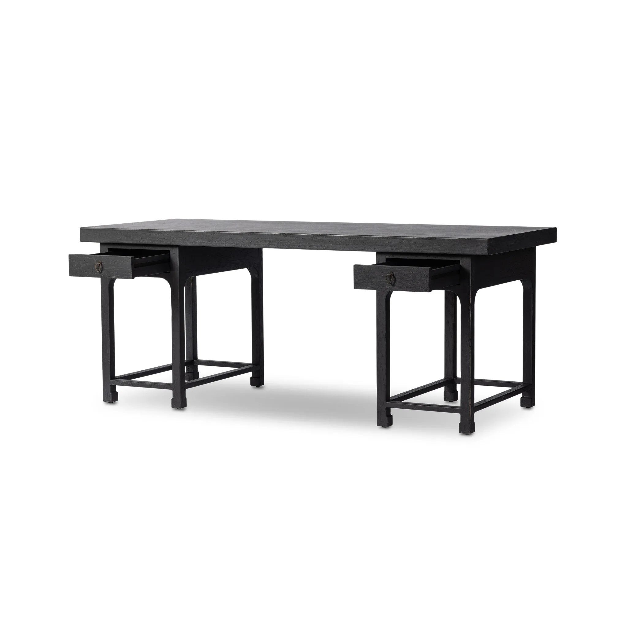 Inspired by Chinese antiques, a spacious desk of aged black oak features a double-leg design, bringing a substantial look to your workspace Amethyst Home provides interior design, new home construction design consulting, vintage area rugs, and lighting in the Park City metro area.