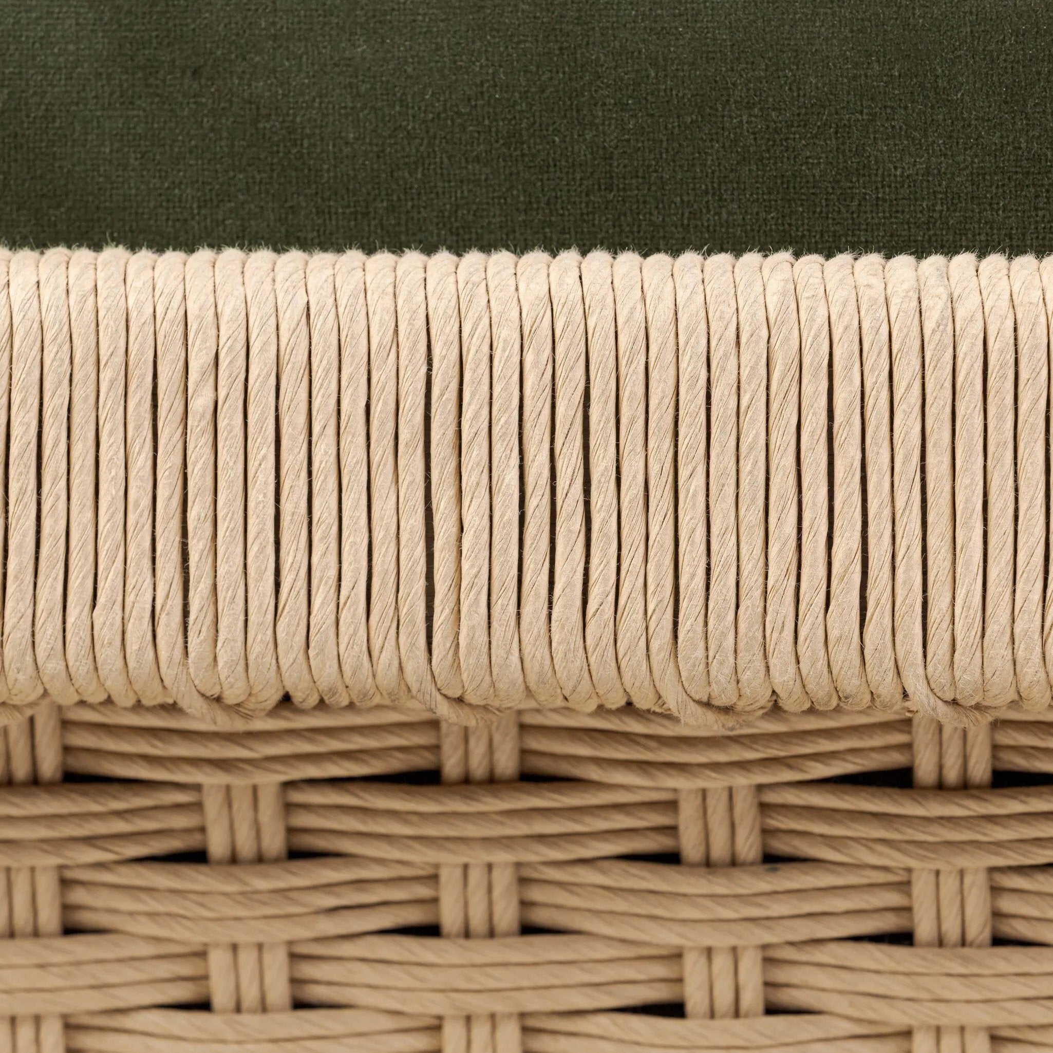 Tapered legs and sloped paddle arms frame the visible joinery and handwoven rope details of this accent chair, for a monochromatic yet visually intriguing frame. Finished with loose, velvet-upholstered seat and back cushions in a rich olive hue — for a subtle color contrast that celebrates the natural beauty of each material Amethyst Home provides interior design, new home construction design consulting, vintage area rugs, and lighting in the Nashville metro area.