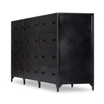 Featuring Belmont Black 12 Drawer Dresser by Four Hands at Amethyst Home. Industrial-inspired, black-finished iron forms a wide and roomy twelve-drawer dresser, with bronzed knobs for contrast.Overall Dimensions: 85.00"w x 19.75"d x 38.50"hWeight : 401.24 lbsMaterials : Iron. Amethyst Home provides interior design, new home construction design consulting, vintage area rugs, and lighting in the Miami metro area.