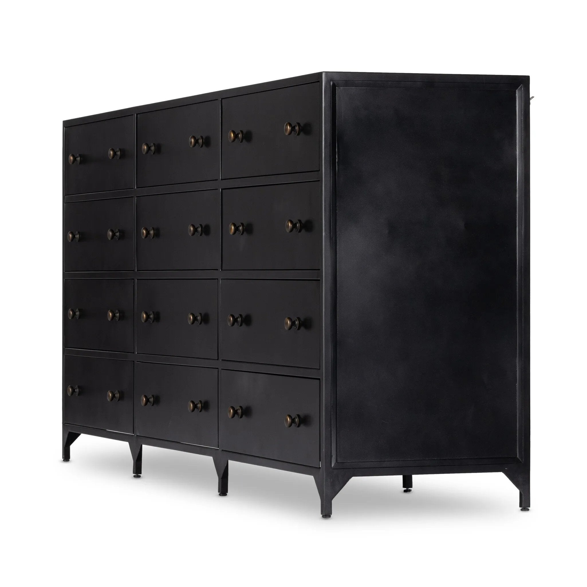 Featuring Belmont Black 12 Drawer Dresser by Four Hands at Amethyst Home. Industrial-inspired, black-finished iron forms a wide and roomy twelve-drawer dresser, with bronzed knobs for contrast.Overall Dimensions: 85.00"w x 19.75"d x 38.50"hWeight : 401.24 lbsMaterials : Iron. Amethyst Home provides interior design, new home construction design consulting, vintage area rugs, and lighting in the Miami metro area.