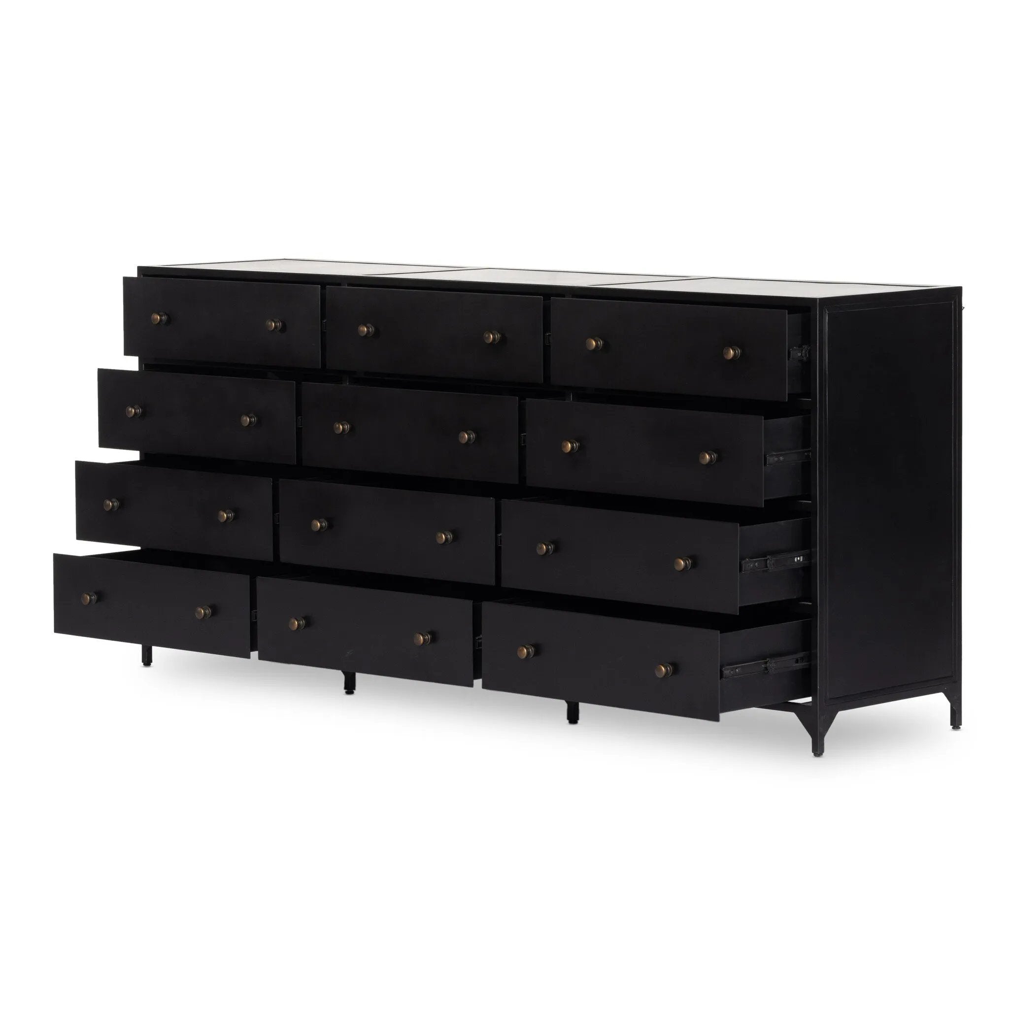 Featuring Belmont Black 12 Drawer Dresser by Four Hands at Amethyst Home. Industrial-inspired, black-finished iron forms a wide and roomy twelve-drawer dresser, with bronzed knobs for contrast.Overall Dimensions: 85.00"w x 19.75"d x 38.50"hWeight : 401.24 lbsMaterials : Iron. Amethyst Home provides interior design, new home construction design consulting, vintage area rugs, and lighting in the Salt Lake City metro area.