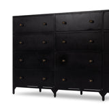 Featuring Belmont Black 12 Drawer Dresser by Four Hands at Amethyst Home. Industrial-inspired, black-finished iron forms a wide and roomy twelve-drawer dresser, with bronzed knobs for contrast.Overall Dimensions: 85.00"w x 19.75"d x 38.50"hWeight : 401.24 lbsMaterials : Iron. Amethyst Home provides interior design, new home construction design consulting, vintage area rugs, and lighting in the Winter Garden metro area.