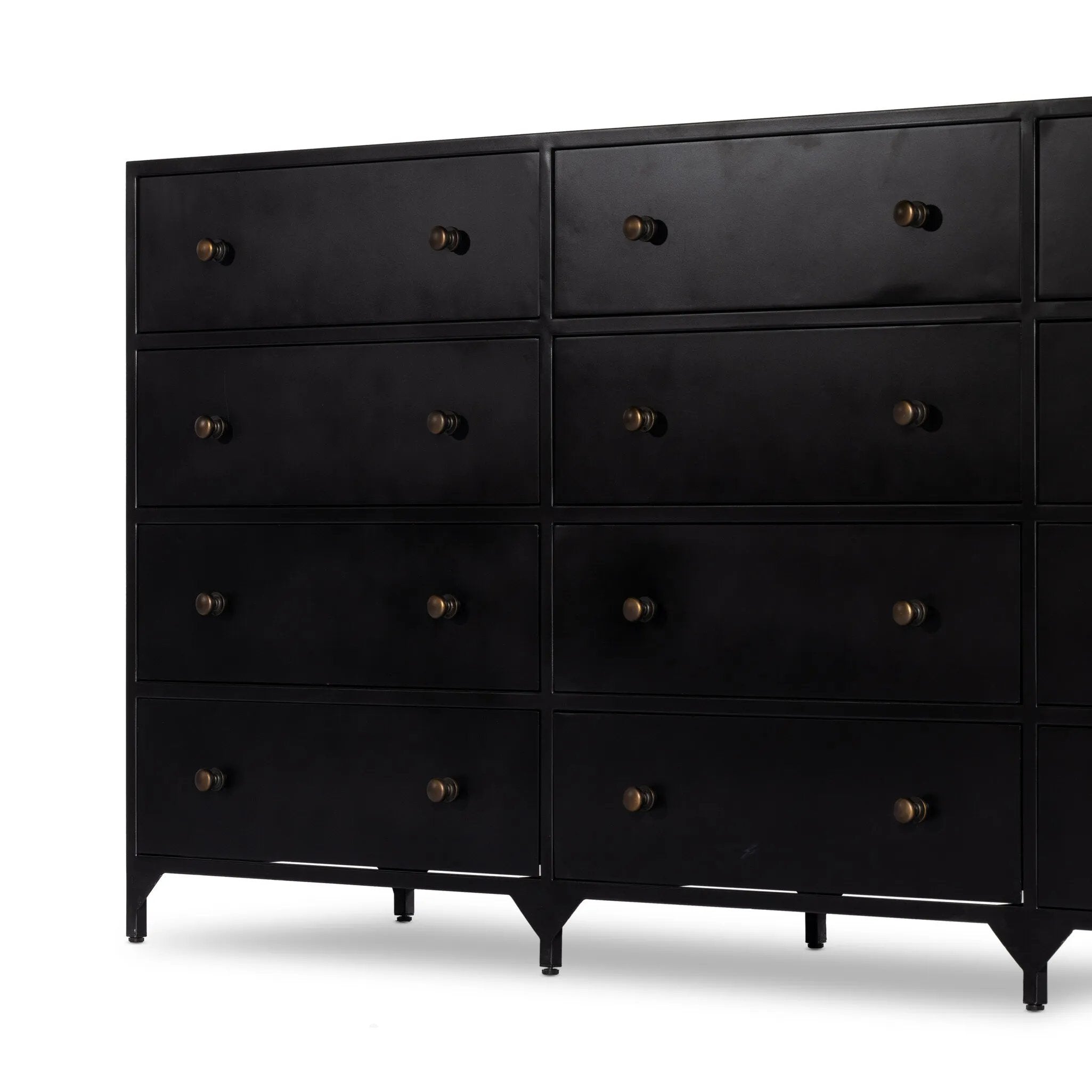 Featuring Belmont Black 12 Drawer Dresser by Four Hands at Amethyst Home. Industrial-inspired, black-finished iron forms a wide and roomy twelve-drawer dresser, with bronzed knobs for contrast.Overall Dimensions: 85.00"w x 19.75"d x 38.50"hWeight : 401.24 lbsMaterials : Iron. Amethyst Home provides interior design, new home construction design consulting, vintage area rugs, and lighting in the Winter Garden metro area.