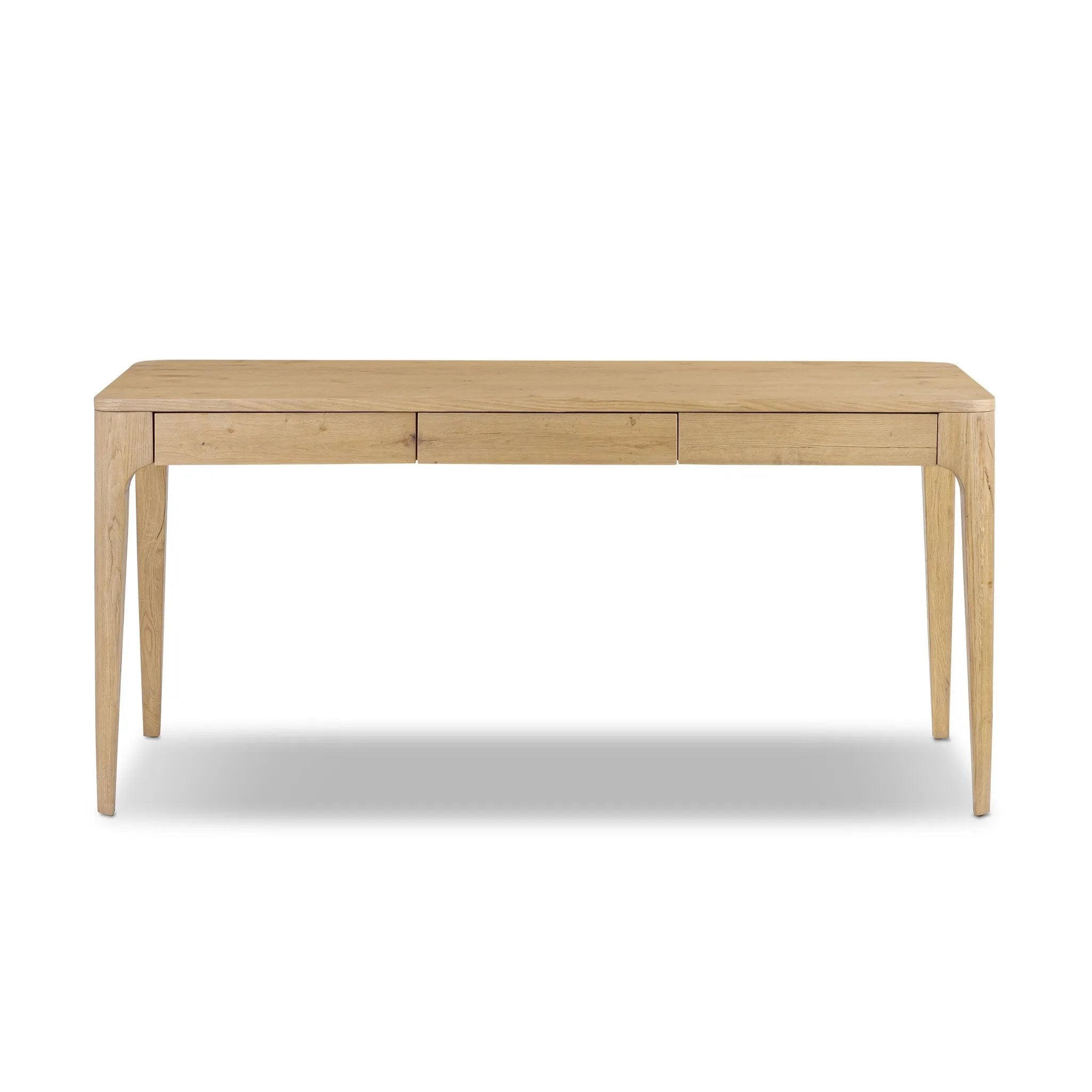 Tapered, curved legs highlight this three-drawer aged-oak writing desk crafted with solid and thick wood veneers Amethyst Home provides interior design, new home construction design consulting, vintage area rugs, and lighting in the Scottsdale metro area.