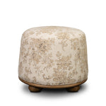 For an extra seat or propped feet, this welcoming ottoman features a subtly tapered shape and a rounded base with bun feet beneath. Crafted from solid worn oak and upholstered with a linen blend fabric that features a beautiful damask pattern Amethyst Home provides interior design, new home construction design consulting, vintage area rugs, and lighting in the Portland metro area.