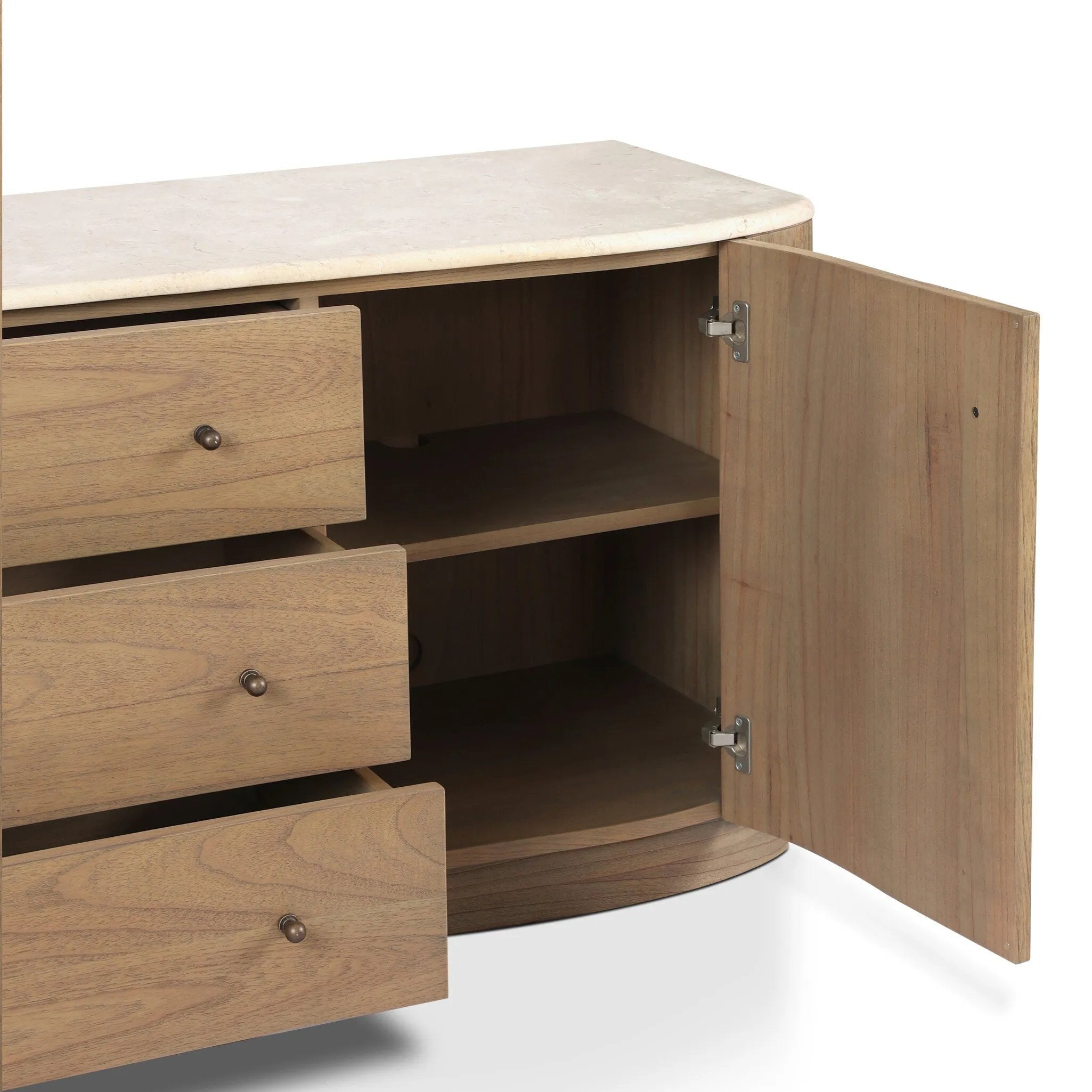 Fluid contours give shape to this solid mindi media console, topped with a creamy marbled top. Two doors with knobbed pulls and three drawers open to spacious storage Amethyst Home provides interior design, new home construction design consulting, vintage area rugs, and lighting in the Charlotte metro area.