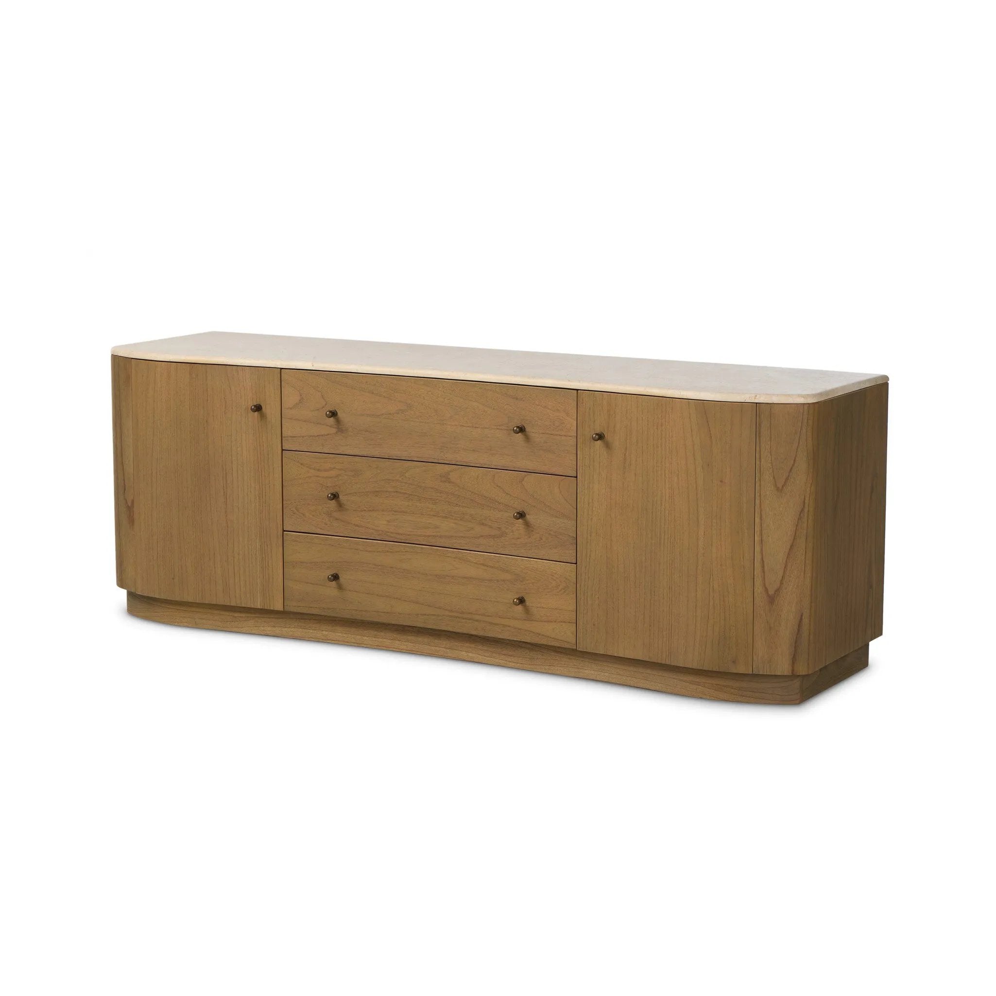 Fluid contours give shape to this solid mindi media console, topped with a creamy marbled top. Two doors with knobbed pulls and three drawers open to spacious storage Amethyst Home provides interior design, new home construction design consulting, vintage area rugs, and lighting in the Houston metro area.