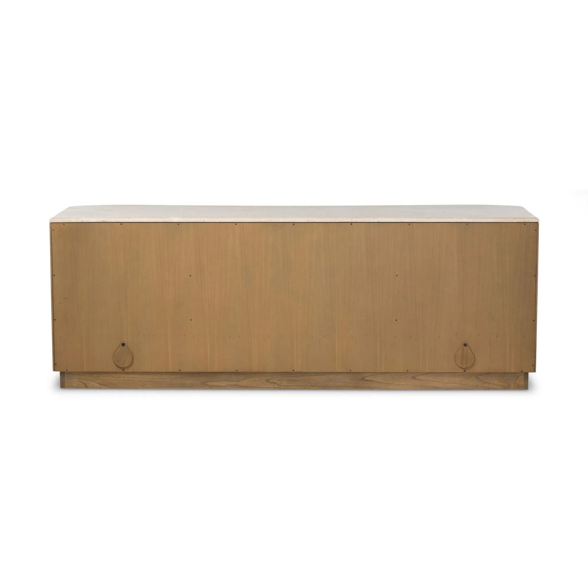 Fluid contours give shape to this solid mindi media console, topped with a creamy marbled top. Two doors with knobbed pulls and three drawers open to spacious storage Amethyst Home provides interior design, new home construction design consulting, vintage area rugs, and lighting in the Los Angeles metro area.