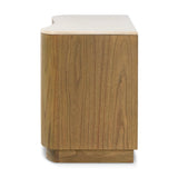 Fluid contours give shape to this solid mindi media console, topped with a creamy marbled top. Two doors with knobbed pulls and three drawers open to spacious storage Amethyst Home provides interior design, new home construction design consulting, vintage area rugs, and lighting in the Tampa metro area.