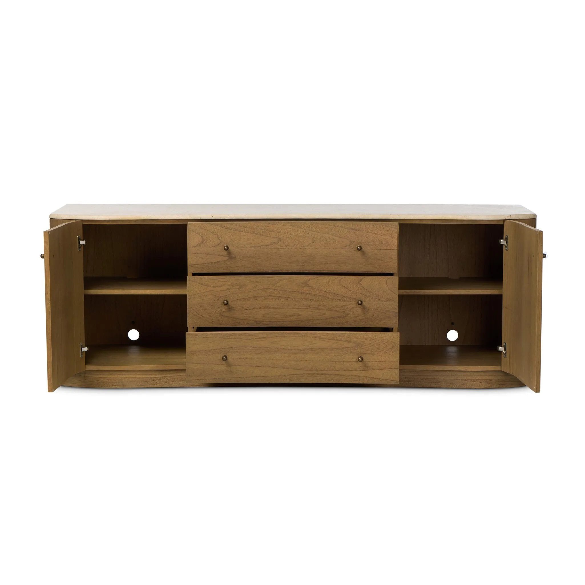 Fluid contours give shape to this solid mindi media console, topped with a creamy marbled top. Two doors with knobbed pulls and three drawers open to spacious storage Amethyst Home provides interior design, new home construction design consulting, vintage area rugs, and lighting in the Washington metro area.