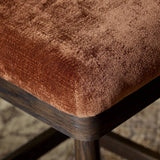 Featuring Cloris Altair Sienna Swivel Bar + Counter Stool by Four Hands at Amethyst Home. Channel vintage vibes with a swivel stool perfectly sized for the bar. Crafted of dark-finished oak, a low, molded back adds a playful touch, while an upholstered seat offers comfort and color. Finished off with a memory swivel to ensure the stool's curved wood back st. Amethyst Home provides interior design, new home construction design consulting, vintage area rugs, and lighting in the San Diego metro area.