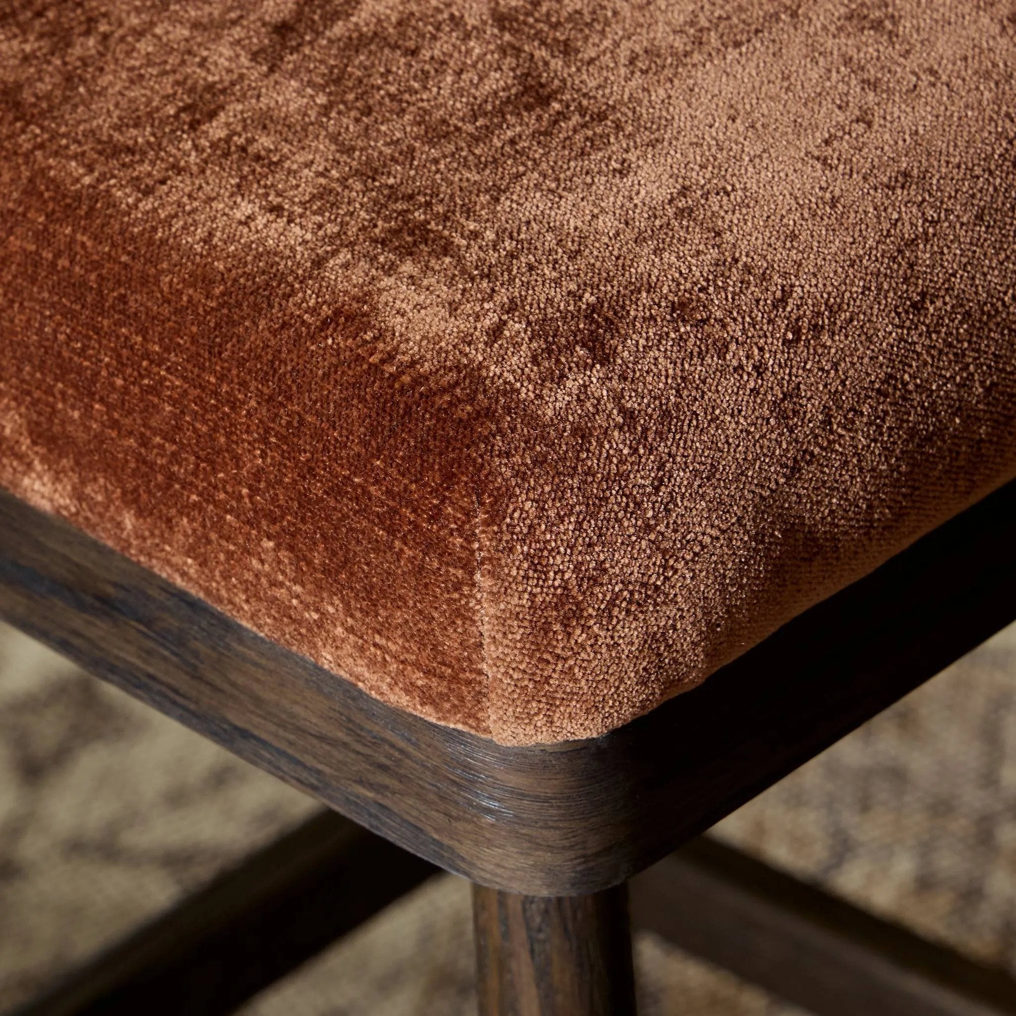 Featuring Cloris Altair Sienna Swivel Bar + Counter Stool by Four Hands at Amethyst Home. Channel vintage vibes with a swivel stool perfectly sized for the bar. Crafted of dark-finished oak, a low, molded back adds a playful touch, while an upholstered seat offers comfort and color. Finished off with a memory swivel to ensure the stool's curved wood back st. Amethyst Home provides interior design, new home construction design consulting, vintage area rugs, and lighting in the San Diego metro area.