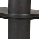 Unexpected contours give this bookcase its warm, modern vibe. Crafted oak veneer with a worn black finish, rounded legs are inset from the shelves with a plinth-like effect Amethyst Home provides interior design, new home construction design consulting, vintage area rugs, and lighting in the Los Angeles metro area.