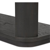 Unexpected contours give this bookcase its warm, modern vibe. Crafted oak veneer with a worn black finish, rounded legs are inset from the shelves with a plinth-like effect Amethyst Home provides interior design, new home construction design consulting, vintage area rugs, and lighting in the Salt Lake City metro area.