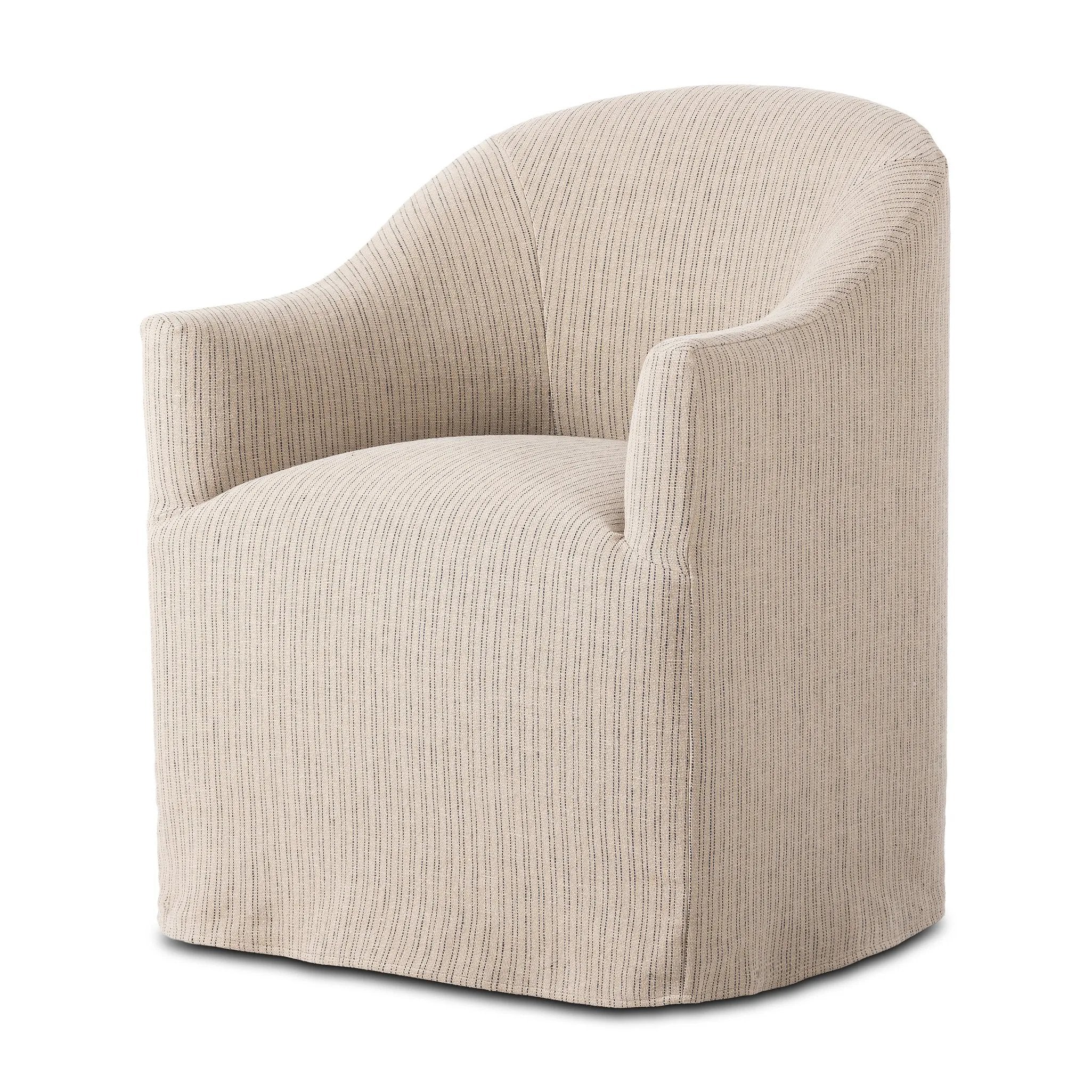 Featuring Cove Laine Navy Dining Chair With Casters by Four Hands at Amethyst Home. A polished form with curved lines and upholstered in a flax/linen blend, this chair brings quiet sophistication to the dining room. Functional casters allow easy movement. This item has limited online distribution and may not be sold on websites without prior approval.Over. Amethyst Home provides interior design, new home construction design consulting, vintage area rugs, and lighting in the Kansas City metro area.