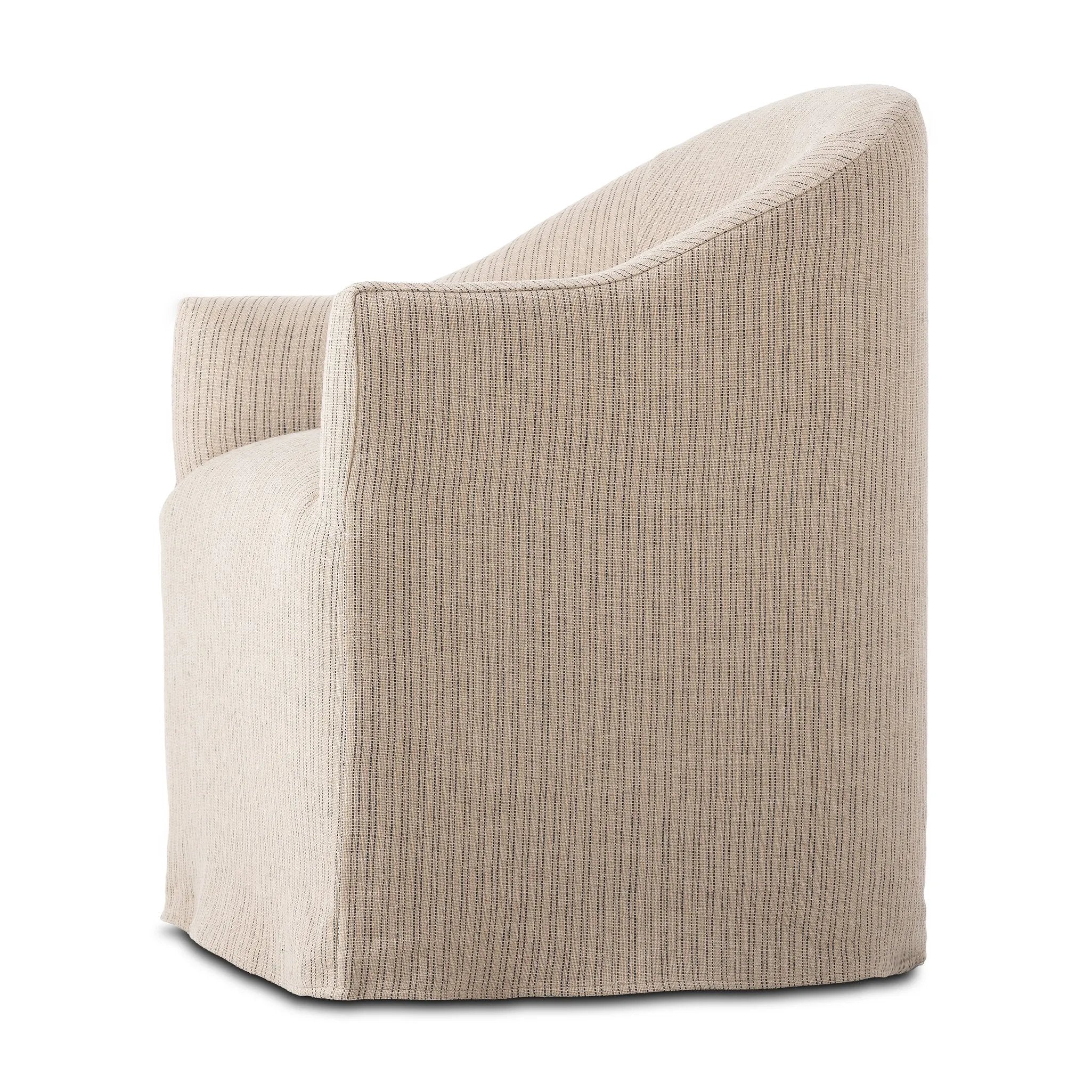 Featuring Cove Laine Navy Dining Chair With Casters by Four Hands at Amethyst Home. A polished form with curved lines and upholstered in a flax/linen blend, this chair brings quiet sophistication to the dining room. Functional casters allow easy movement. This item has limited online distribution and may not be sold on websites without prior approval.Overall Di. Amethyst Home provides interior design, new home construction design consulting, vintage area rugs, and lighting in the Miami metro area.