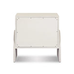 Talk about novelty. Made from painted linen in a light ivory, arched legs soften otherwise clean, modern shaping. Two drawers bring storage to the bedside while half-moon iron hardware adds a hint of art deco style Amethyst Home provides interior design, new home construction design consulting, vintage area rugs, and lighting in the Nashville metro area.