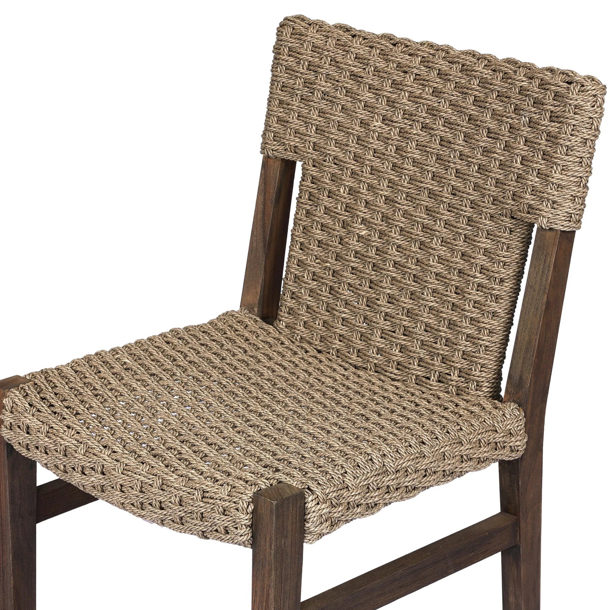 Featuring Cromwell Dark Textured Woven Outdoor Dining Chair by Four Hands at Amethyst Home. Add texture to your outdoor space with a Nordic-inspired dining chair. A subtle sling seat of all-weather wicker crafts a chunky weave, all framed out by FSC®-certified teak. Cover or store indoors during inclement weather and when not in use. Overall Dimensions: 21.. Amethyst Home provides interior design, new home construction design consulting, vintage area rugs, and lighting in the San Diego metro area.