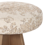 Large angular panels merge to form a geometrically inspired base in this modern counter stool. The circle metal ring around the base serves as a footrest, while the round upholstered cushion provides comfortable seating. The 360-degree swivel function adds versatility, and the combination of wood, metal, and fabric evoke a mixed material moment Amethyst Home provides interior design, new home construction design consulting, vintage area rugs, and lighting in the Dallas metro area.