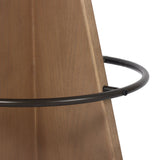 Large angular panels merge to form a geometrically inspired base in this modern counter stool. The circle metal ring around the base serves as a footrest, while the round upholstered cushion provides comfortable seating. The 360-degree swivel function adds versatility, and the combination of wood, metal, and fabric evoke a mixed material moment Amethyst Home provides interior design, new home construction design consulting, vintage area rugs, and lighting in the Tampa metro area.