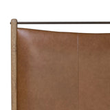 Slightly scooped top-grain leather tufting is bridged with metal bars in brushed brass for modern detailing. Aged smoked oak