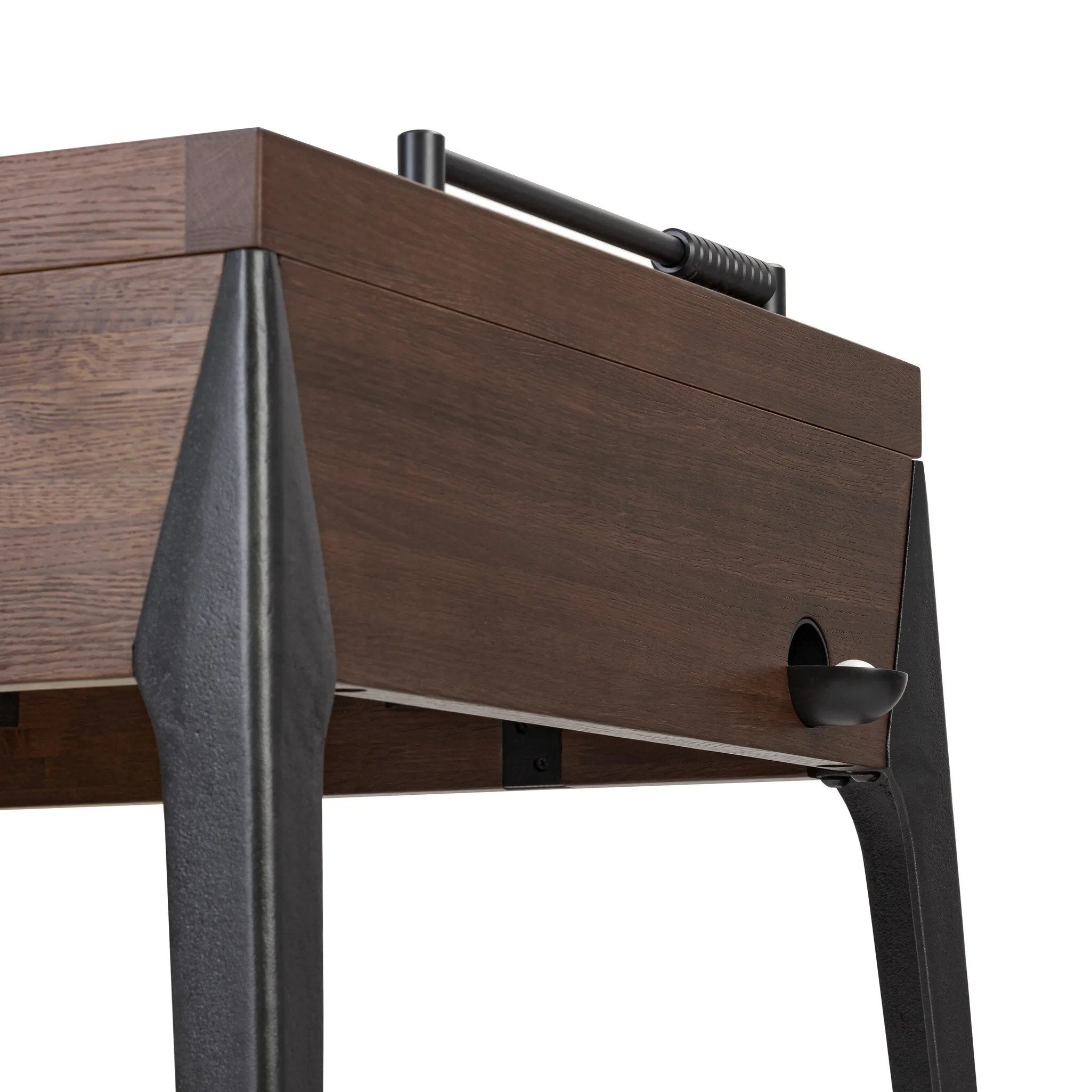 Streamlined for fun. This foosball table features a concrete playing surface and distinctly detailed players in cast aluminum. Rounded square wooden handles and cylindrical metal score counters tie together the sleek, industrial look of this foosball table, finished with tapered cast aluminum legs. Amethyst Home provides interior design, new home construction design consulting, vintage area rugs, and lighting in the Alpharetta metro area.