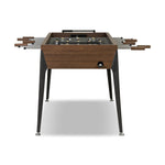 Streamlined for fun. This foosball table features a concrete playing surface and distinctly detailed players in cast aluminum. Rounded square wooden handles and cylindrical metal score counters tie together the sleek, industrial look of this foosball table, finished with tapered cast aluminum legs. Amethyst Home provides interior design, new home construction design consulting, vintage area rugs, and lighting in the Washington metro area.