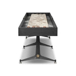 Material-driven for fun, this shuffleboard table features a hand-stitched leather landing surface, laminated solid oak game board — finished in a durable lacquer — and industrial trestle-style, cast iron legs. Climatic adjusters for leveling with ease. Each table comes with carved wood and steel pucks, as well as a steel ring scoring mechanism. Amethyst Home provides interior design, new home construction design consulting, vintage area rugs, and lighting in the Calabasas metro area.