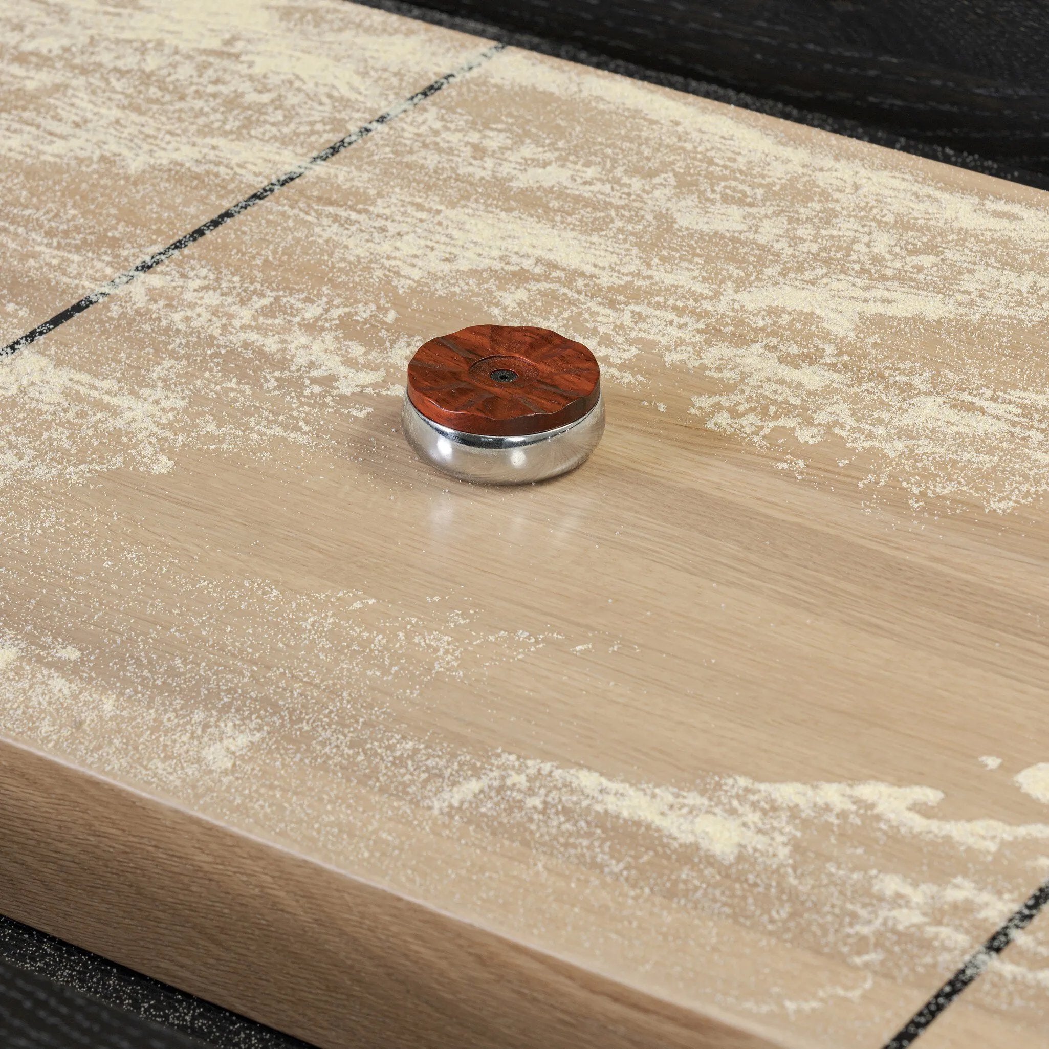 Material-driven for fun, this shuffleboard table features a hand-stitched leather landing surface, laminated solid oak game board — finished in a durable lacquer — and industrial trestle-style, cast iron legs. Climatic adjusters for leveling with ease. Each table comes with carved wood and steel pucks, as well as a steel ring scoring mechanism. Amethyst Home provides interior design, new home construction design consulting, vintage area rugs, and lighting in the Scottsdale metro area.