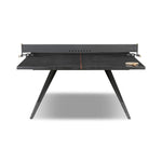 Dual-function fun is the star of this ping pong table from District Eight. Its light minimalist design channels industrial features like an oak plane top, cast iron legs and a leather sling net attached with steel clamps, which can be easily removed to become a dining table that seats 12. Amethyst Home provides interior design, new home construction design consulting, vintage area rugs, and lighting in the Washington metro area.