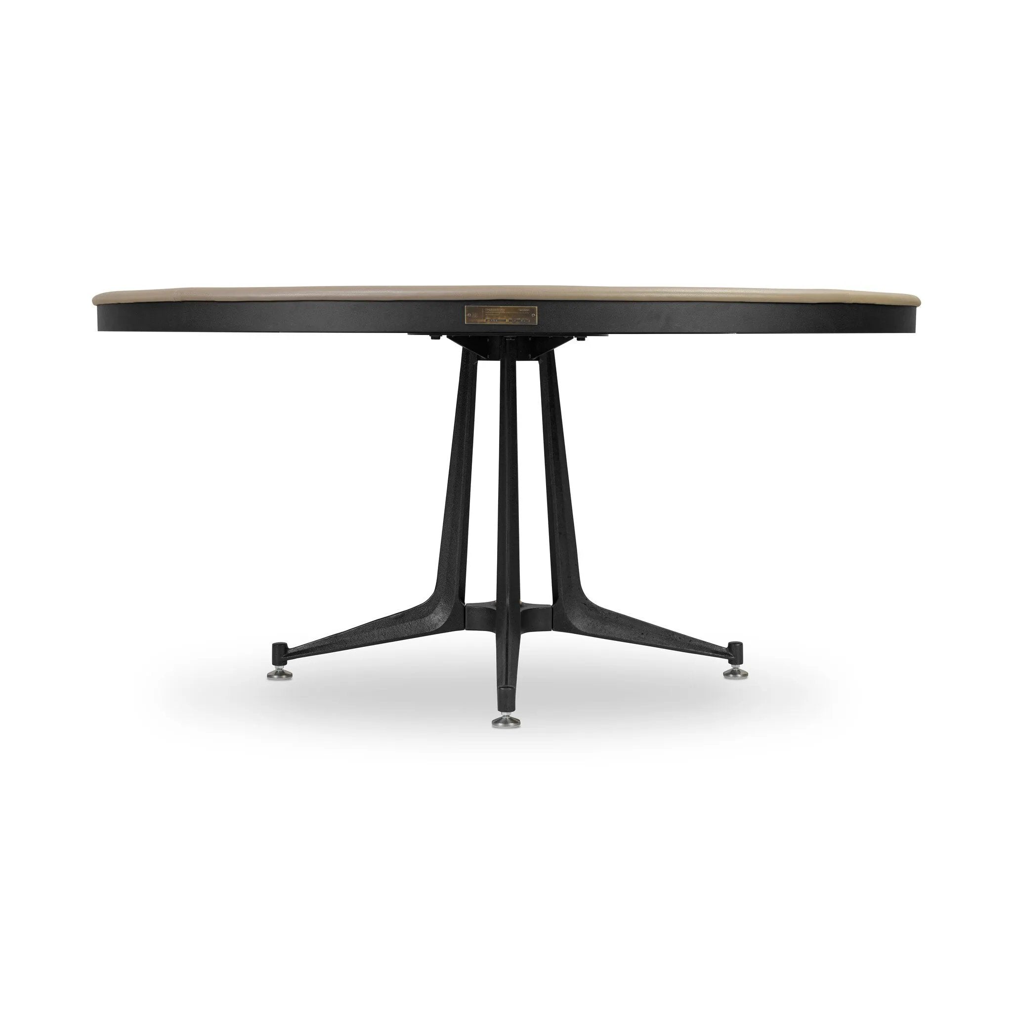 All in. The wood table top of this poker table from District Eight is finished in felt for easy card grabbing, and accented by a leather cushioned edge for comfort. Supported by an industrial cast iron trestle pedestal base, finished with adjustable feet. Amethyst Home provides interior design, new home construction design consulting, vintage area rugs, and lighting in the Tampa metro area.