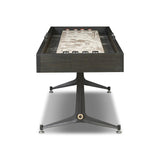 Material-driven for fun, this shuffleboard table features a hand-stitched leather landing surface, laminated solid oak game board — finished in a durable lacquer — and industrial trestle-style, cast iron legs. Climatic adjusters for leveling with ease. Each table comes with carved wood and steel pucks, as well as a steel ring scoring mechanism. Amethyst Home provides interior design, new home construction design consulting, vintage area rugs, and lighting in the Newport Beach metro area.