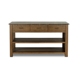 A kitchen island and waterfall dining table in one. Crafted from oak, the island system features two large shelves and three drawers on each side, all  topped with by warm grey marble. The pullout table extends and fits inside the frame with ease Amethyst Home provides interior design, new home construction design consulting, vintage area rugs, and lighting in the Monterey metro area.