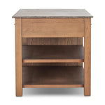 A kitchen island and waterfall dining table in one. Crafted from oak, the island system features two large shelves and three drawers on each side, all  topped with by warm grey marble. The pullout table extends and fits inside the frame with ease Amethyst Home provides interior design, new home construction design consulting, vintage area rugs, and lighting in the Nashville metro area.