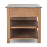 A kitchen island and waterfall dining table in one. Crafted from oak, the island system features two large shelves and three drawers on each side, all  topped with by warm grey marble. The pullout table extends and fits inside the frame with ease Amethyst Home provides interior design, new home construction design consulting, vintage area rugs, and lighting in the Nashville metro area.