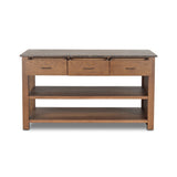 A kitchen island and waterfall dining table in one. Crafted from oak, the island system features two large shelves and three drawers on each side, all  topped with by warm grey marble. The pullout table extends and fits inside the frame with ease Amethyst Home provides interior design, new home construction design consulting, vintage area rugs, and lighting in the Omaha metro area.