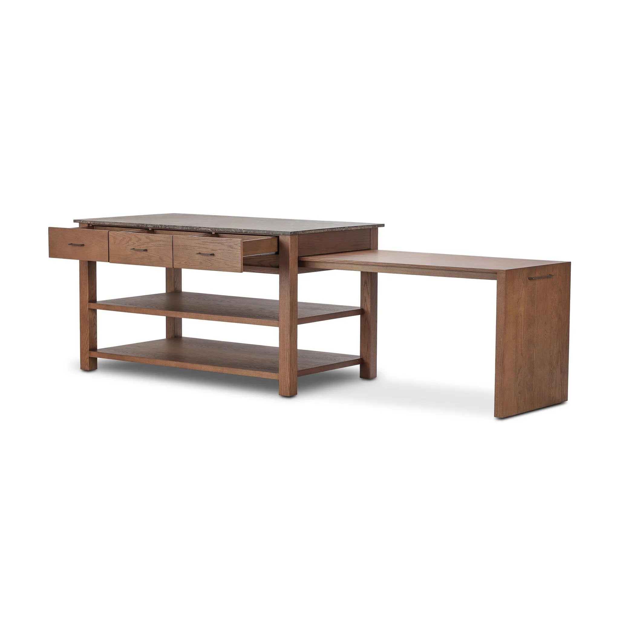A kitchen island and waterfall dining table in one. Crafted from oak, the island system features two large shelves and three drawers on each side, all topped with by warm grey marble. The pullout table extends and fits inside the frame with ease Amethyst Home provides interior design, new home construction design consulting, vintage area rugs, and lighting in the Winter Garden metro area.