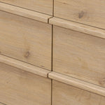 Built from thick-cut oak and veneers with an aged smoked finish, this farmhouse-inspired eight-drawer dresser features softened edges, fastening details, integrated wood hardware and soft-close drawer glides for quality construction Amethyst Home provides interior design, new home construction design consulting, vintage area rugs, and lighting in the Dallas metro area.