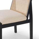 Featuring Esmee Antwerp Natural Dining Chair by Four Hands at Amethyst Home. Ebony nettlewood shapes the arched, angled back of this simply shaped, armless dining chair. Natural crosshatch cane adds a light texture to complement the creamy, neutral upholstered seat. Performance fabrics are specially created to withstand spills, stains, high traffic and wear, en. Amethyst Home provides interior design, new home construction design consulting, vintage area rugs, and lighting in the Miami metro area.