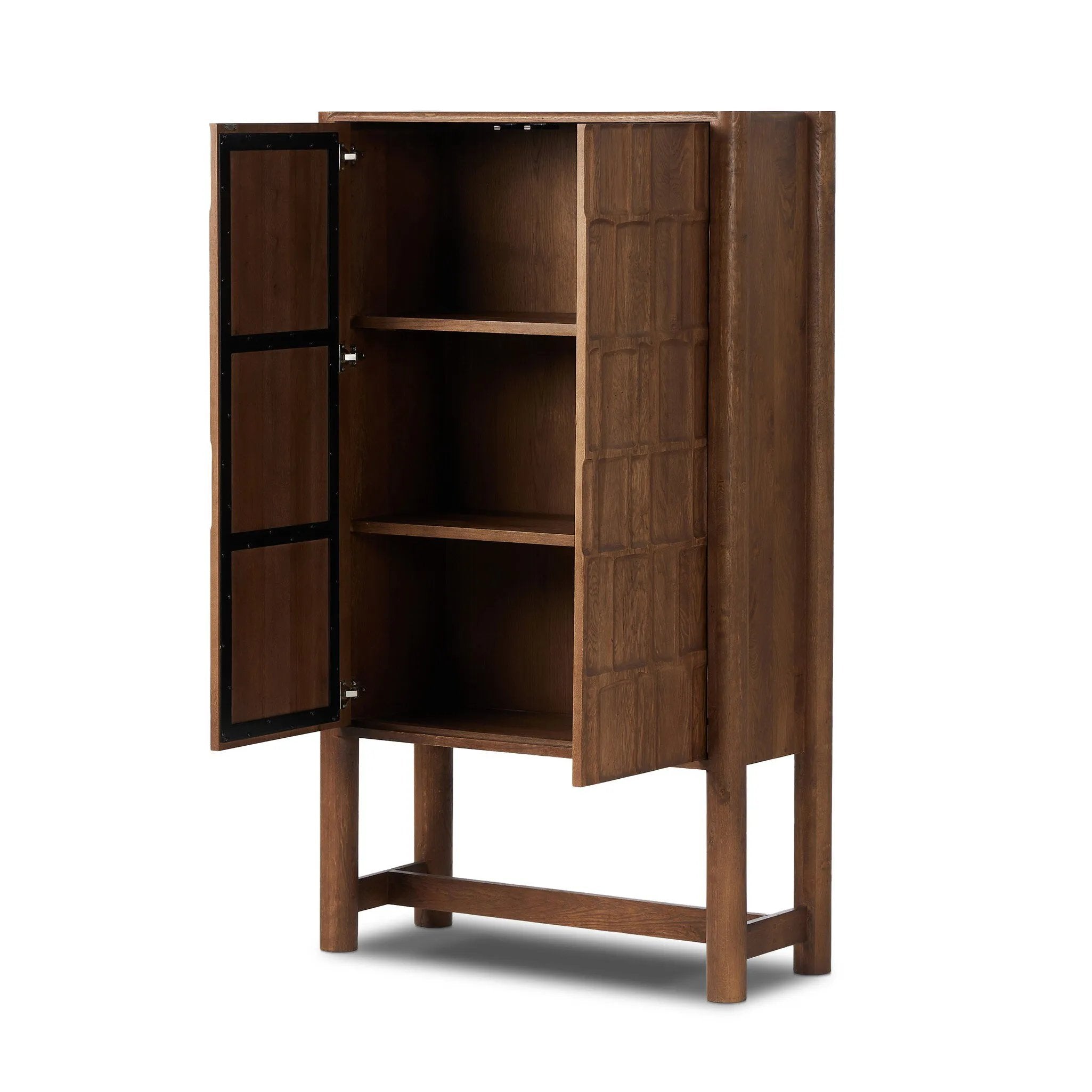 Featuring Ezri Cocoa Oak Cabinet by Four Hands at Amethyst Home. Made from solid oak and finished in a rich cocoa, tall cabinetry is carved with a unique grid-like pattern, for an organic look and textural touch. Interior shelving made from solid mango brings bonus storage to any room. Subtle variations in natural wood graining to be expected.Overall Dimensi. Amethyst Home provides interior design, new home construction design consulting, vintage area rugs, and lighting in the Monterey metro area.
