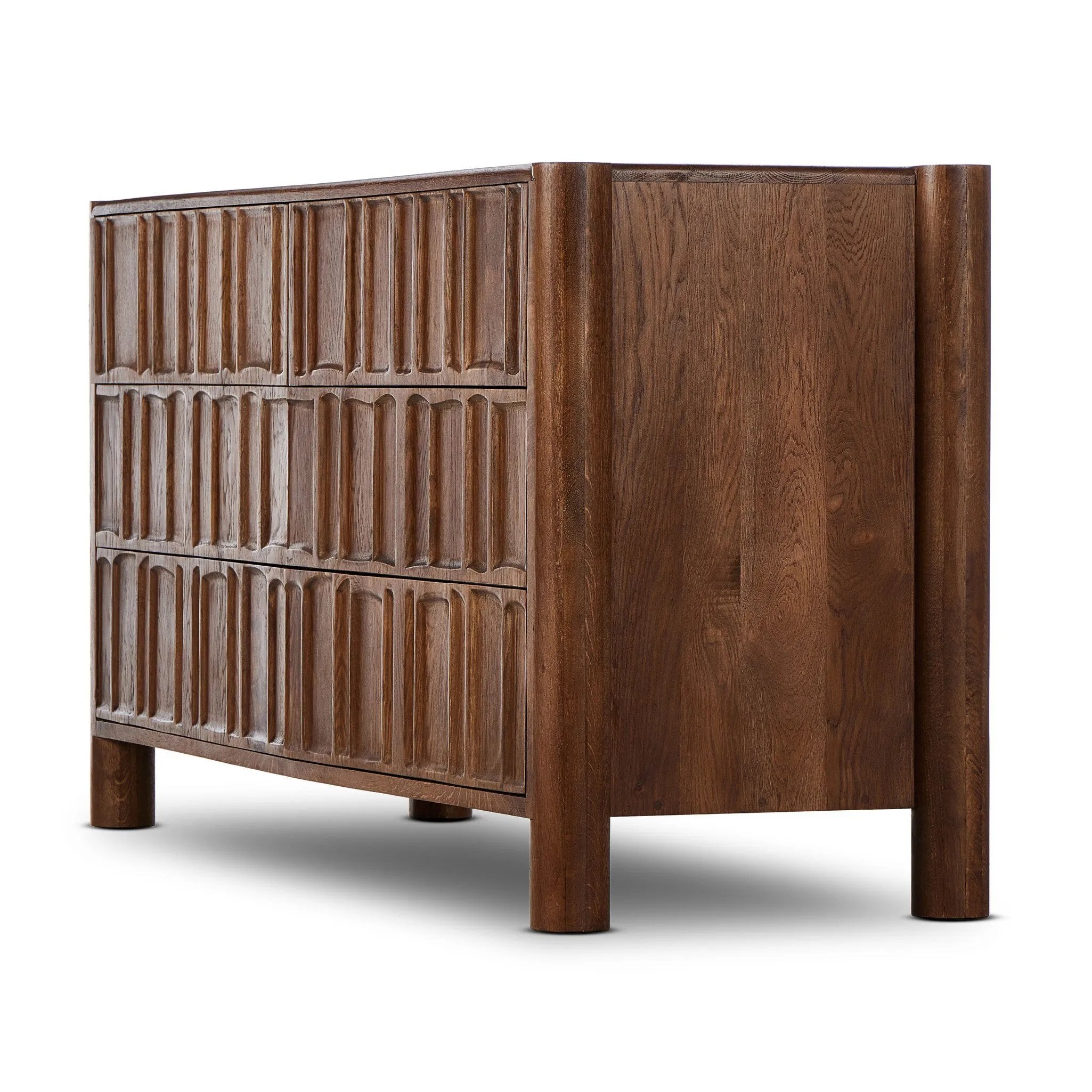 Featuring Ezri Cocoa Oak 6 Drawer Dresser by Four Hands at Amethyst Home. Cocoa-finished oak, organic carving and cylinder legs fuse for a primitive look, while wood's varying grain colors add unique character to each piece.
Overall Dimensions: 22.0" L x 70.0 " W x 33.75" H
Collection: AidenColors: Cocoa OakMaterials: Solid Oak, Solid MangoWeight: 271.39 . Amethyst Home provides interior design, new home construction design consulting, vintage area rugs, and lighting in the Los Angeles metro area.