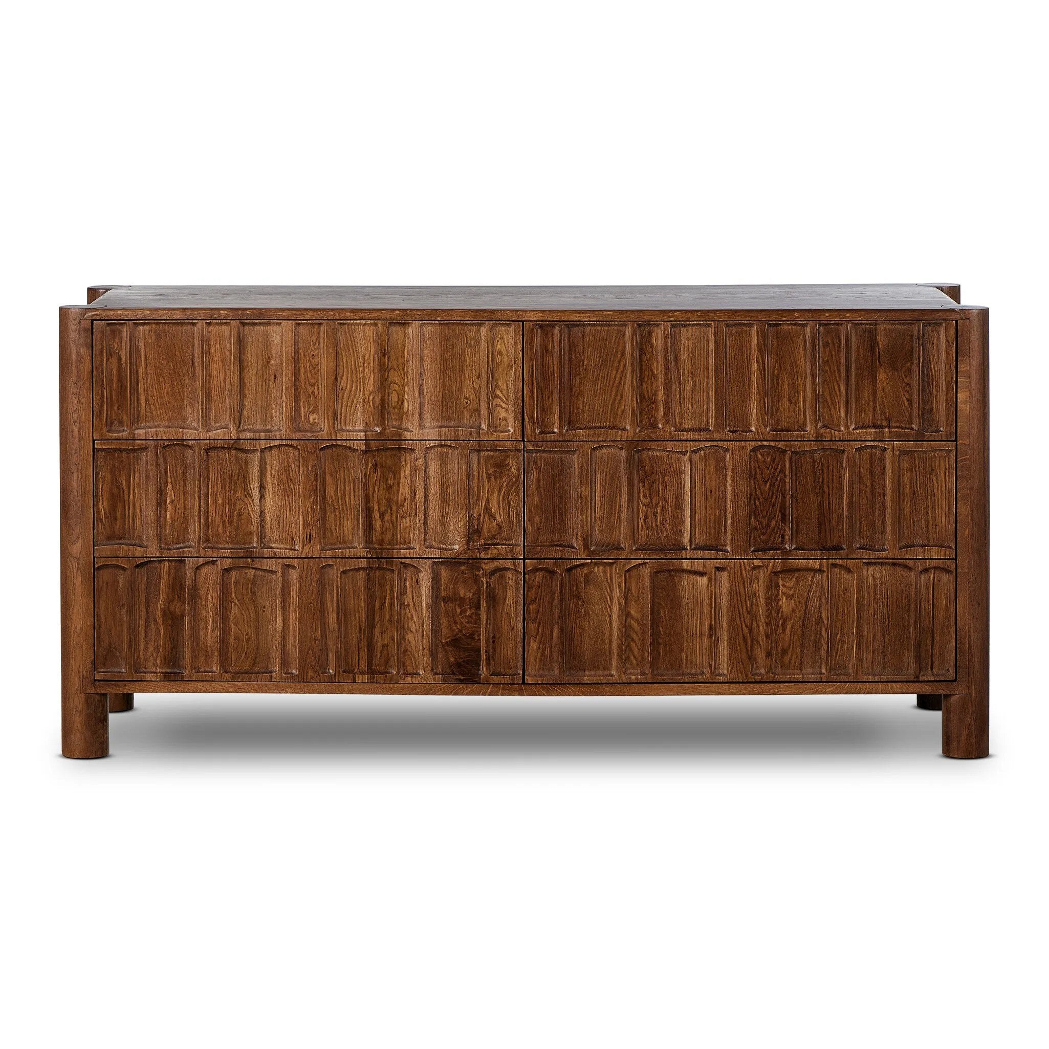 Featuring Ezri Cocoa Oak 6 Drawer Dresser by Four Hands at Amethyst Home. Cocoa-finished oak, organic carving and cylinder legs fuse for a primitive look, while wood's varying grain colors add unique character to each piece.
Overall Dimensions: 22.0" L x 70.0 " W x 33.75" H
Collection: AidenColors: Cocoa OakMaterials: Solid Oak, Solid MangoWeight: 271.39 lb. Amethyst Home provides interior design, new home construction design consulting, vintage area rugs, and lighting in the Park City metro area.