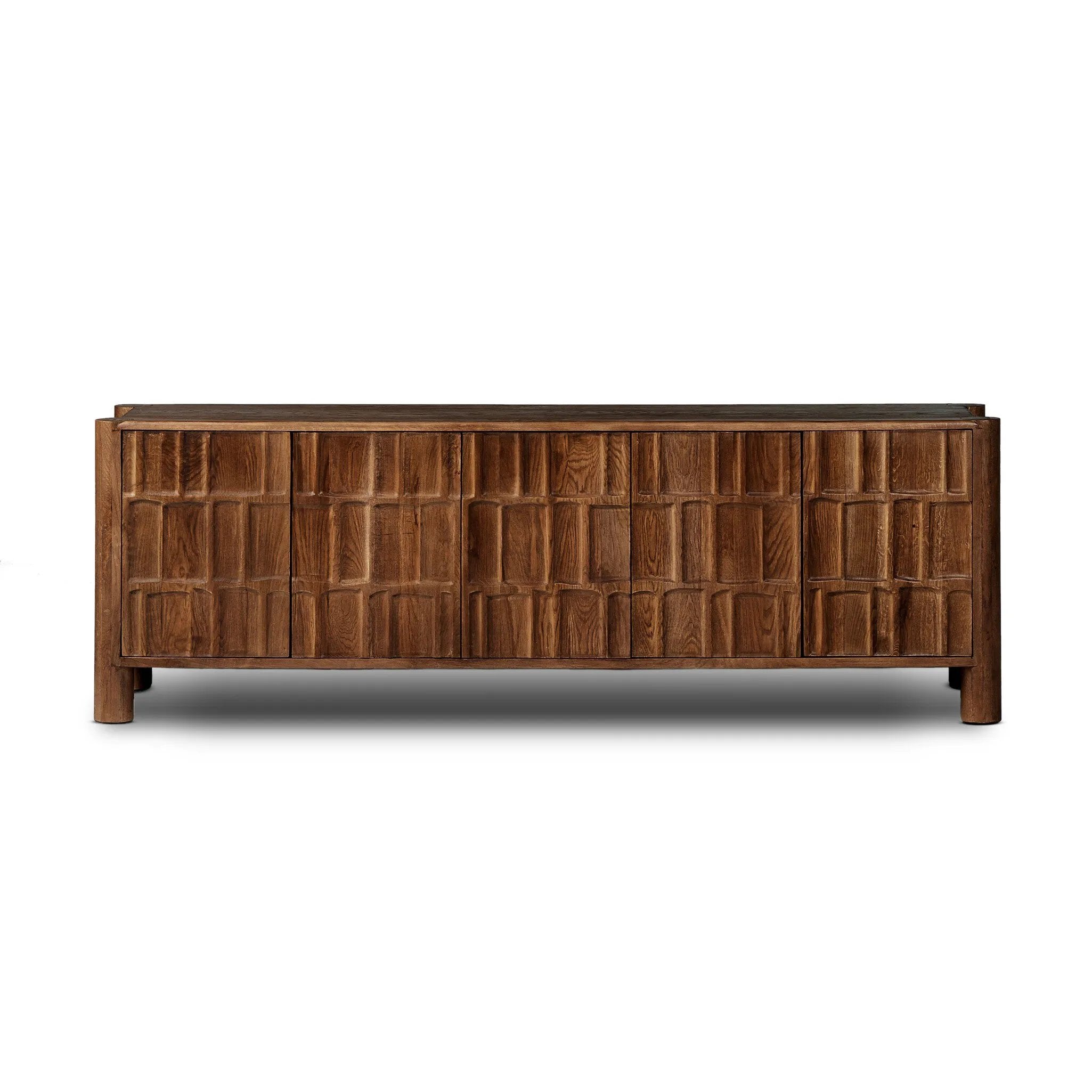 Featuring Ezri Cocoa Oak Media Console by Four Hands at Amethyst Home. Grain and character variation of cocoa-finished oak craft an intriguingly organic look. The carved design and floor-to-top cylinder legs give a primitive look that balances the movement of the wood pattern.
Overall Dimensions: 18.0" L x 82.0 " W x 27.0" H
Collection: AidenColors: Cocoa . Amethyst Home provides interior design, new home construction design consulting, vintage area rugs, and lighting in the Washington metro area.