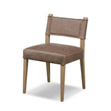 Featuring Ferris Palermo Cigar Dining Chair by Four Hands at Amethyst Home. Mixed materials at their finest. Brown parawood forms a slight, simple frame for squared seating of neutral performance-grade upholstery. Charcoal top-grain leather backing takes this modern-minded dining chair to the next level.Overall Dimensions: 20.00"w x 22.00"d x 32.00"hWeight : 1. Amethyst Home provides interior design, new home construction design consulting, vintage area rugs, and lighting in the Boston metro area.