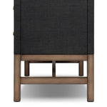 Woven black raffia drawers offer closed storage and a texture-driven take on book shelving. Antique brass-finished hardware adds a touch of vintage detailing, all framed within solid mahogany Amethyst Home provides interior design, new home construction design consulting, vintage area rugs, and lighting in the Miami metro area.