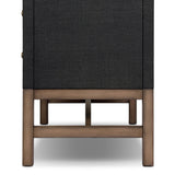 Woven black raffia drawers offer closed storage and a texture-driven take on book shelving. Antique brass-finished hardware adds a touch of vintage detailing, all framed within solid mahogany Amethyst Home provides interior design, new home construction design consulting, vintage area rugs, and lighting in the Miami metro area.